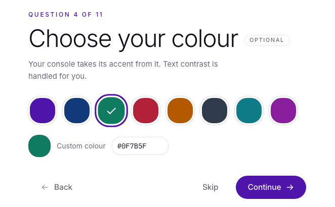Set-up question 4 of 11, Choose your colour: preset swatches with one selected, and a custom colour field.