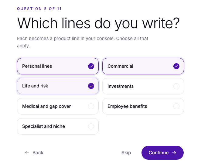 Set-up question 5 of 11, Which lines do you write: Personal lines, Commercial and Life and risk selected.